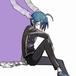 Rule 34 | 1202 koge, 2boys, ahoge, arm belt, belt, belt buckle, black belt, black jacket, black pants, black scarf, black sleeves, blue footwear, blue hair, buckle, buttons, checkered clothes, checkered scarf, commentary, covered mouth, danganronpa (series), danganronpa v3: killing harmony, double-breasted, eyelashes, fingernails, foot out of frame, hair between eyes, hands on another&#039;s head, holding, holding clothes, holding scarf, jacket, knee up, layered sleeves, long sleeves, looking at viewer, male focus, multiple boys, oma kokichi, pants, pinstripe jacket, pinstripe pants, pinstripe pattern, purple background, saihara shuichi, scarf, shoes, short hair, simple background, sitting, socks, solo focus, two-tone background, two-tone scarf, vertical-striped sleeves, white background, white belt, white scarf, white sleeves, white socks, white undershirt, yellow eyes