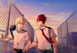 Rule 34 | 2boys, belt, blonde hair, blue eyes, boku no hero academia, brown belt, burn scar, cactusnabe, carrying bag, chain-link fence, cloud, collared shirt, fence, highres, holding hands, male focus, multicolored hair, multiple boys, necktie, outdoors, parted lips, red eyes, red hair, red necktie, scar, scar on face, school uniform, shirt, short sleeves, spiked hair, sunset, teeth, todoroki shouto, twitter username, two-tone hair, u.a. school uniform, upper body, white hair, white shirt, yaoi