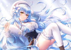 Rule 34 | 1girl, ahoge, blue hair, blush, breasts, closed mouth, commentary, corset, feet out of frame, flower, frills, hair flower, hair ornament, half updo, hat, heart, heart ahoge, highres, hololive, large breasts, long hair, pointy ears, sebu illust, skirt, smile, solo, thighhighs, very long hair, virtual youtuber, white flower, white hat, white skirt, white thighhighs, yellow eyes, yukihana lamy