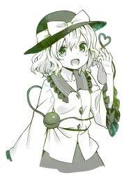 Rule 34 | 1girl, :d, ama-tou, balloon, bow, buttons, collar, collarbone, collared shirt, eyeball, eyelashes, frilled sleeves, frills, hat, hat bow, heart, heart of string, komeiji koishi, long sleeves, looking at viewer, monochrome, open mouth, shirt, short hair, simple background, skirt, smile, solo, tareme, third eye, touhou, wavy hair, white background, wide sleeves