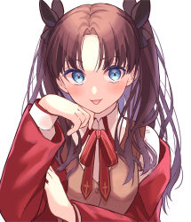 Rule 34 | 1girl, :p, absurdres, black ribbon, blue eyes, brown hair, fate/stay night, fate (series), hair ribbon, highres, homurahara academy school uniform, long hair, looking at viewer, lq saku, red ribbon, ribbon, school uniform, simple background, solo, tohsaka rin, tongue, tongue out, two side up, upper body, white background