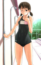 Rule 34 | 1girl, bare shoulders, black one-piece swimsuit, brown eyes, brown hair, day, female focus, one-piece swimsuit, one eye closed, original, outdoors, plant, pool, school swimsuit, short hair, short twintails, showering, solo, standing, swim cap, swimsuit, twintails, wink, yasuomi