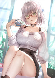 Rule 34 | 1girl, black choker, black skirt, black tank top, blue ribbon, blush, book, braid, breasts, brown legwear, casual, choker, cleavage, collarbone, commentary, curtains, day, french braid, glasses, green eyes, hair ribbon, head tilt, himonoata, holding, holding book, hololive, indoors, large breasts, looking at viewer, official alternate costume, open mouth, plant, potted plant, red-framed eyewear, ribbon, semi-rimless eyewear, shirogane noel, shirogane noel (casual), short hair, silver hair, sitting, skirt, smile, snowflake choker, solo, sunlight, sweater, tank top, thighs, virtual youtuber, white sweater, window