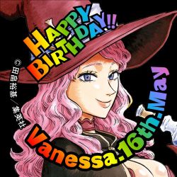 Rule 34 | 1girl, black clover, breasts, cleavage, happy birthday, hat, large breasts, long hair, looking at viewer, official art, pink hair, purple eyes, smile, vanessa enoteca, witch hat