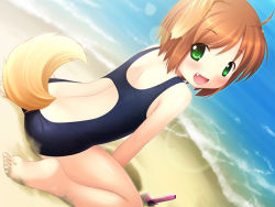 Rule 34 | 1girl, animal ears, backless swimsuit, barefoot, beach, casual one-piece swimsuit, child, day, dog ears, dutch angle, fang, feet, game cg, inuarashi, lens flare, meiko (inuarashi), one-piece swimsuit, original, outdoors, shovel, sitting, soles, solo, swimsuit, tail, toes, trowel, wariza, water, worktool