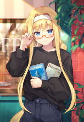 Rule 34 | 1girl, adjusting eyewear, alice zuberg, alternate costume, bespectacled, black sweater, blonde hair, blue eyes, blurry, blurry foreground, blush, book, braid, cafe, casual, closed mouth, commentary request, cowboy shot, denim, depth of field, glasses, hairband, hand up, highres, holding, holding book, jeans, long hair, long sleeves, looking at viewer, orange-framed eyewear, pants, plant, restaurant, revision, semi-rimless eyewear, shirt, smile, solo, sweater, sweater tucked in, sword art online, sword art online: alicization, taro (ultrataro), very long hair, white hairband