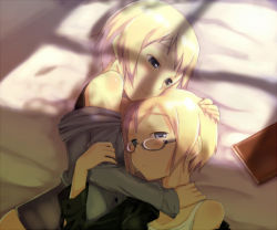 Rule 34 | 00s, 2girls, bed, blonde hair, blue eyes, blush, book, em (totsuzen no hakike), erica hartmann, glasses, hug, incest, lying, multiple girls, short hair, siblings, sisters, strike witches, strike witches: suomus misfits squadron, ursula hartmann, world witches series, yuri