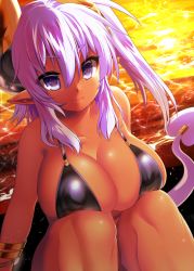 Rule 34 | 1girl, backlighting, bare shoulders, bikini, blush, bracelet, breast press, breasts, cleavage, closed mouth, collarbone, dark-skinned female, dark skin, demon girl, demon horns, demon tail, eteru (mofuaki), eyebrows, fang, fang out, from above, horns, huge breasts, jewelry, knees to chest, knees up, looking at viewer, looking up, mofuaki, ocean, original, pointy ears, purple bikini, purple eyes, purple hair, sidelocks, sitting, smile, solo, sunset, swimsuit, tail, tareme, thick eyebrows, tooth, water