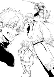Rule 34 | 1boy, arm support, bokken, closed mouth, gintama, greyscale, grin, hadanugi dousa, hair between eyes, hand on own chin, hand up, highres, holding, holding sword, holding weapon, jacket, japanese clothes, kimono, long sleeves, male focus, monochrome, multiple views, open clothes, open kimono, outstretched arm, pants, sakata gintoki, short sleeves, simple background, smile, stroking own chin, sword, uraki (tetsu420), v-shaped eyebrows, weapon, white background, wooden sword