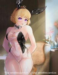 Rule 34 | 1girl, ahoge, animal ears, arms behind back, blonde hair, blunt bangs, blurry, blurry background, blush, bow, bowtie, braid, breasts, cleavage, crown braid, curvy, detached collar, fake animal ears, highres, indie virtual youtuber, leotard, looking at viewer, medium breasts, meme attire, navel, nontraditional playboy bunny, playboy bunny, purple eyes, rabbit ears, see-through, shiny skin, short hair, solo, standing, strapless, strapless leotard, thick thighs, thighs, toffee (vtuber), toffeevt, tongue, tongue out, traditional bowtie, translucent bunnysuit, virtual youtuber, watermark, web address