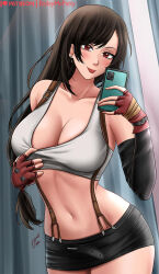 Rule 34 | 1girl, 2022, baileymcpatty, belt, black skirt, breasts, cellphone, cleavage, cleavage reach, earrings, female focus, final fantasy, final fantasy vii, fingerless gloves, gloves, holding, holding phone, jewelry, large breasts, legs, long hair, low-tied long hair, midriff, navel, patreon logo, patreon username, phone, selfie, signature, skirt, smartphone, smile, solo, square enix, stomach, suspenders, tank top, teasing, thick thighs, thighs, tifa lockhart, tight skirt, tongue, tongue out, top pull