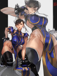 Rule 34 | 1girl, absurdres, bracelet, breasts, bun cover, capcom, chinese clothes, chun-li, double bun, fighting stance, fingerless gloves, gloves, hair bun, highres, jewelry, juaag acgy, large breasts, leaning forward, looking at viewer, multiple views, muscular, muscular female, official alternate costume, pelvic curtain, short sleeves, solo, spiked bracelet, spikes, street fighter, street fighter v, thighhighs