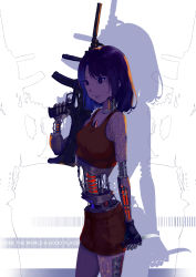 Rule 34 | 1girl, absurdres, android, black hair, english text, gun, highres, holding, holding gun, holding knife, holding weapon, joints, knife, original, robot joints, shadow, solo, standing, weapon, white background, wishingkeeping
