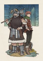 Rule 34 | 2boys, axe, beard, black pants, boots, brown coat, brown footwear, chilchuck tims, coat, commentary request, dungeon meshi, facial hair, fake horns, full body, fur-trimmed coat, fur trim, graves, green scarf, hand on own hip, hands in pockets, helmet, herheim, highres, holding, holding axe, horns, male focus, multiple boys, pants, red coat, red hair, scarf, senshi (dungeon meshi), short hair, simple background, standing, toes, white background