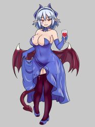 Rule 34 | 1girl, bare shoulders, black panties, blue dress, blue gloves, breast tattoo, breasts, commentary, cup, demon girl, demon tail, demon wings, dress, drinking glass, elbow gloves, english commentary, facial tattoo, full body, gloves, grey background, hairband, heart, heart tattoo, highres, horns, large breasts, looking at viewer, monster girl, monster girl encyclopedia, monster girl encyclopedia world guide i: fallen maidens, nav (itsnav), navel, neck ribbon, panties, parted lips, pointy ears, red eyes, ribbon, see-through, shoes, short hair, side-tie panties, silver hair, simple background, skirt hold, smile, solo, strapless, strapless dress, succubus (monster girl encyclopedia), succubus wilmarina, tail, tattoo, thighhighs, toeless footwear, underwear, wilmarina noscrim, wine glass, wings