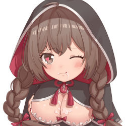 Rule 34 | 1girl, after paizuri, black hoodie, blush, braid, breasts, brown eyes, brown hair, cleavage, cum, cum on body, cum on breasts, cum on upper body, heart, heart-shaped pupils, hood, hooded jacket, hoodie, implied sex, jacket, kantai collection, large breasts, looking at viewer, moon ash, one eye closed, paizuri, portrait, shinshuumaru (kantai collection), simple background, solo, symbol-shaped pupils, twin braids, white background