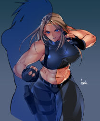 Rule 34 | 1girl, abs, bare shoulders, black gloves, blue eyes, blush, bowalia, breasts, brown hair, clenched hand, commentary, cowboy shot, curvy, gloves, gradient background, gun, handgun, holstered, large breasts, long hair, midriff, muscular, muscular female, navel, original, pants, parted lips, partially fingerless gloves, pistol, serious, shirt, signature, silhouette, simple background, sleeveless, sleeveless shirt, thick thighs, thighs, weapon