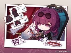Rule 34 | 1girl, chair, chibi, closed mouth, copyright name, crossed legs, cup, drinking glass, earrings, holding, holding cup, honkai: star rail, honkai (series), jewelry, kafka (honkai: star rail), magazine (object), official art, ponytail, purple eyes, purple hair, shopping, sitting, smile, solo, upper body, wine glass