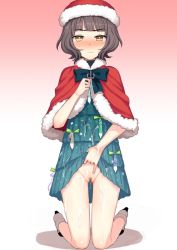 Rule 34 | 1girl, alternate costume, blunt bangs, blush, bow, bowtie, brown hair, christmas, closed mouth, clothes lift, condom, condom in clothes, cum, cum on body, cum on clothes, dress, dress lift, female pubic hair, gradient background, green dress, hat, holding, holding condom, kantai collection, kishinami (kancolle), kneeling, kumadano, lifted by self, looking at viewer, no panties, pubic hair, robe, santa costume, santa hat, shoes, short hair, simple background, solo, sweat, sweatdrop, used condom, wavy hair, yellow eyes