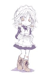 Rule 34 | 1girl, alternate eye color, apron, boots, bow, braid, brown eyes, brown footwear, chibi, cup, full body, hair bow, izayoi sakuya, long sleeves, looking at viewer, maid, maid apron, maid headdress, monochrome, puffy sleeves, satou kibi, saucer, smile, solo, teacup, touhou, tray, twin braids, white background, white hair