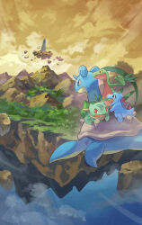 Rule 34 | above clouds, animal focus, bulbasaur, cloud, cloudy sky, creatures (company), day, floating island, floating rock, flying, game freak, gen 1 pokemon, gen 2 pokemon, gen 3 pokemon, grass, grovyle, hakkentai pokedan, highres, island, landscape, lapras, nintendo, no humans, outdoors, pokemon, pokemon (creature), riding, riding pokemon, sky, totodile