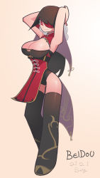 1girl, absurdres, armpits, arms behind head, artist name, bangs, beidou (genshin impact), breasts, character name, cleavage, cleavage cutout, clothing cutout, dated, dress, eyepatch, full body, genshin impact, highres, large breasts, leotard under clothes, looking to the side, one eye covered, red dress, red eyes, sang (nssj915), solo, standing, thighhighs