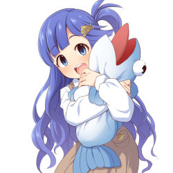 Rule 34 | 1girl, :d, asari nanami, bad id, bad pixiv id, blue eyes, blue hair, blush, brown dress, dress, fish hair ornament, hair ornament, hair rings, hairclip, idolmaster, idolmaster cinderella girls, leaning to the side, long sleeves, looking at viewer, hugging object, open mouth, shirt, simple background, sleeveless, sleeveless dress, smile, solo, stuffed animal, stuffed fish, stuffed toy, teeth, uccow, upper teeth only, white background, white shirt