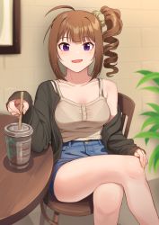 Rule 34 | 1girl, ahoge, bare shoulders, black jacket, bra visible through clothes, breasts, brown hair, casual, collarbone, crossed legs, cup, denim, denim shorts, disposable cup, drill hair, hair ornament, hair scrunchie, hand on own knee, idolmaster, idolmaster million live!, idolmaster million live! theater days, jacket, kamille (vcx68), long hair, long sleeves, looking at viewer, medium breasts, on chair, open mouth, plant, purple eyes, scrunchie, shorts, side drill, side ponytail, sitting, sleeves past wrists, solo, table, tank top, yokoyama nao