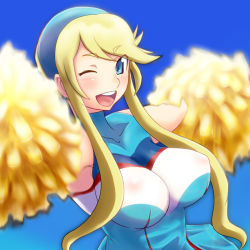 Rule 34 | 1girl, :d, ;d, blonde hair, blue eyes, blush, breasts, cheerleader, cleavage, covered erect nipples, heroman, kanbe, lina davis, long hair, motion blur, nipples, one eye closed, open mouth, pom pom (cheerleading), see-through, smile, solo, twintails, wink
