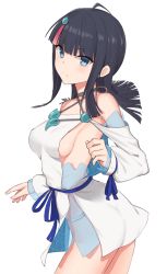 Rule 34 | 1girl, ass, bare shoulders, black hair, blue eyes, blue ribbon, blush, breasts, closed mouth, dress, elfenlied22, fate/grand order, fate/requiem, fate (series), fundoshi, highres, japanese clothes, jewelry, long sleeves, looking at viewer, magatama, magatama hair ornament, medium breasts, medium hair, multicolored hair, necklace, pelvic curtain, pink hair, puffy long sleeves, puffy sleeves, ribbon, seigaiha, short dress, sideboob, sideless outfit, simple background, streaked hair, thighs, utsumi erice, white background, white dress
