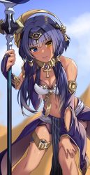 Rule 34 | 1girl, bare shoulders, blue eyes, blue hair, blush, breasts, candace (genshin impact), cleavage, closed mouth, coma (light825), dark-skinned female, dark skin, detached sleeves, egyptian clothes, genshin impact, heterochromia, highres, long hair, long sleeves, looking at viewer, medium breasts, navel, solo, staff, thighlet, yellow eyes