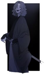 Rule 34 | 1boy, :d, bags under eyes, black background, fate/grand order, fate (series), greyscale, hakama, half-closed eyes, haori, highres, holding, holding sheath, japanese clothes, katana, kimono, looking at viewer, male focus, medium hair, messy hair, monochrome, not anpn, open mouth, saitou hajime (fate), saitou hajime (third ascension) (fate), sheath, sheathed, simple background, smile, solo, sword, teeth, two-tone background, upper teeth only, weapon, white background