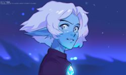 Rule 34 | 1other, blue eyes, blue skin, colored skin, gem, mleth, night, parted lips, pointy ears, science fiction, short hair, silver hair, smile, solo, starlight brigade, strive (starlight brigade), upper body