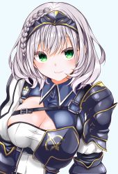 Rule 34 | 1girl, armor, blue background, blue shirt, braid, breasts, cleavage, closed mouth, covered navel, eyelashes, green eyes, hair between eyes, highres, hololive, kokechan, large breasts, lips, looking at viewer, mole, mole on breast, shirogane noel, shirogane noel (1st costume), shirt, short hair, shoulder armor, side braid, silver hair, simple background, smile, solo, strap, tiara, two-tone shirt, upper body, virtual youtuber, white shirt, wing collar