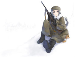 Rule 34 | 1girl, boots, braid, coat, female focus, fox, full body, gradient background, gun, hat, highres, left-handed, original, rifle, silver hair, simosi, sitting, sniper rifle, snow, solo, wallpaper, weapon, white background, winter