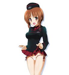 Rule 34 | 10s, 1girl, alternate costume, blush, brown eyes, brown hair, clothes lift, garrison cap, girls und panzer, hat, nishizumi miho, open mouth, ouhashi, panties, school uniform, side-tie panties, skirt, skirt lift, smile, solo, underwear