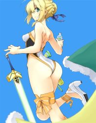 Rule 34 | 10mo, 1girl, ahoge, aqua eyes, artoria pendragon (all), artoria pendragon (fate), artoria pendragon (swimsuit archer) (fate), artoria pendragon (swimsuit archer) (third ascension) (fate), ass, back, bare arms, bare back, bare shoulders, blonde hair, blue background, blurry, blush, bottle, braid, breasts, cape, unworn cape, depth of field, excalibur (fate/stay night), fate/grand order, fate/stay night, fate (series), female focus, french braid, from behind, glowing, glowing sword, glowing weapon, green cape, green eyes, hair bun, hair ribbon, high heels, highres, holding, holding bottle, legs, looking at viewer, looking back, medium breasts, multicolored clothes, multicolored swimsuit, one-piece swimsuit, parted lips, ribbon, saber (fate), short hair, simple background, single hair bun, solo, standing, standing on one leg, strapless, strapless one-piece swimsuit, swimsuit, sword, type-moon, water bottle, weapon, white high heels