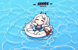 Rule 34 | 1girl, afloat, ahoge, blue archive, blue one-piece swimsuit, blush, chibi, closed eyes, closed mouth, demon horns, from above, hair ornament, hairclip, halo, hina (blue archive), hina (swimsuit) (blue archive), horns, innertube, junsuina fujunbutsu, long hair, lying, name tag, old school swimsuit, one-piece swimsuit, parted bangs, partially submerged, school swimsuit, solo, swim ring, swimming, swimsuit, very long hair, water, whistle, whistle around neck, white hair