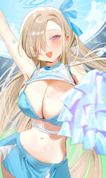 Rule 34 | 1girl, alternate costume, artist name, asuna (blue archive), blue archive, blue eyes, blue halo, breasts, cheerleader, cleavage, clothes writing, cowboy shot, hair over one eye, halo, haruri, highres, holding, holding pom poms, large breasts, light brown hair, long hair, looking at viewer, mole, mole on breast, navel, open mouth, outdoors, pom pom (cheerleading), pom poms, signature, smile, solo