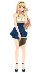 Rule 34 | 1girl, adjusting eyewear, blonde hair, blue footwear, blue hairband, blue skirt, breasts, cleavage, drift girls, full body, glasses, hairband, high heels, highres, holding, holding pen, large breasts, long hair, looking at viewer, official art, pen, red eyes, shoes, simple background, skirt, sleeveless, solo, takemiya chihiro, white background