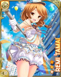 Rule 34 | 1girl, bare legs, baton, bow, brown eyes, brown hair, card (medium), day, girlfriend (kari), gloves, hat, looking at viewer, low twintails, marching band, official art, open mouth, outdoors, qp:flapper, shirt, skirt, smile, solo, striped, striped bow, tagme, tamai remi, twintails, white bow, white gloves, white hat, white shirt, white skirt