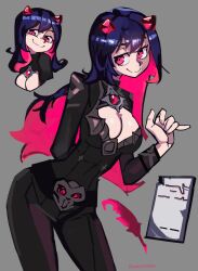 Rule 34 | 1girl, absurdres, artist name, bad link, black hair, breasts, bumblesteak, cleavage, closed mouth, commentary, demon girl, demon horns, english commentary, highres, horns, long hair, looking at viewer, multicolored hair, nose, original, paper, quill, red eyes, shirt, smile, solo, streaked hair, writing