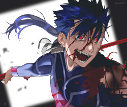Rule 34 | 1boy, armor, bleeding, blood, blood on face, blue hair, cu chulainn (fate), earrings, fangs, fate/stay night, fate (series), fighting, gae bolg (fate), injury, jewelry, cu chulainn (fate/stay night), long hair, male focus, open mouth, outstretched arm, pauldrons, polearm, ponytail, red eyes, shoulder armor, skin tight, slit pupils, solo, spiked hair, twitter username, type-moon, weapon, yoruno22