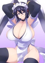 Rule 34 | 1girl, apron, arms behind head, arms up, black hair, breasts, butterfly swords, curvy, highleg, highleg leotard, highres, holding, holding weapon, huge breasts, iroha (samurai spirits), leotard, leotard under clothes, looking at viewer, maid, maid headdress, medium hair, no bra, revealing clothes, samurai spirits, sideboob, skindentation, smile, solo, themanyoukilled, weapon, white apron, wide hips