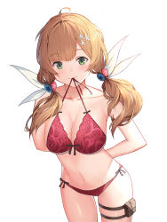 Rule 34 | 1girl, arms behind back, bikini, bra, breasts, cleavage, closed mouth, flower, flower (symbol), girls&#039; frontline, green eyes, hair flower, hair ornament, hair over shoulder, hair ribbon, highres, homong, howa type 89 (girls&#039; frontline), large breasts, long hair, looking at viewer, mouth hold, navel, panties, pink bra, pink panties, pouch, red hair, ribbon, side-tie bikini bottom, side-tie panties, simple background, star (symbol), swimsuit, thigh pouch, thigh strap, thighs, twintails, underwear, underwear only, white background