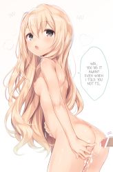 Rule 34 | 1girl, absurdres, aftersex, ass, black eyes, blonde hair, blush, breasts, breath, censored, cum, cum in pussy, cum string, cumdrip, english text, gradient background, hand on own ass, hand on own stomach, hard-translated, highres, komeshiro kasu, leaning forward, long hair, looking back, milk (komeshiro kasu), mosaic censoring, nipples, nude, one side up, open mouth, original, penis, perky breasts, pussy, simple background, small breasts, solo focus, speech bubble, third-party edit, translated