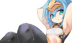 Rule 34 | 1girl, armpits, arms up, black thighhighs, blue hair, blush, breasts, green eyes, hair between eyes, hellmatio, karukan (monjya), parted lips, pointy ears, shinrabanshou, simple background, sitting, small breasts, solo, thick eyebrows, thighhighs, white background