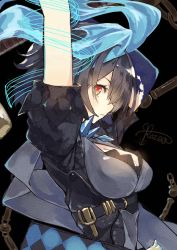 Rule 34 | 1girl, alice (sinoalice), black background, blue dress, blue hair, bob cut, breasts, cleavage, closed mouth, dress, hands up, headband, highres, looking at viewer, looking to the side, red eyes, rozea (graphmelt), short hair, short sleeves, signature, simple background, sinoalice, solo