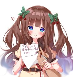 Rule 34 | .live, 1girl, belt, blue eyes, blush, bow, brown hair, commentary, contract, green bow, hair bow, hair ornament, hair ribbon, heart, highres, kakyouin chieri, kishikino, long hair, looking at viewer, paper, pen, pov, pov hands, ribbon, short sleeves, simple background, smile, solo, solo focus, sweat, nervous sweating, symbol-shaped pupils, translated, trembling, two side up, virtual youtuber, white background