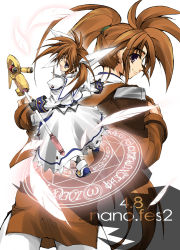 Rule 34 | 00s, 1girl, alternate hairstyle, dual persona, feathers, fingerless gloves, gloves, lyrical nanoha, magazine (weapon), magic circle, magical girl, mahou shoujo lyrical nanoha, mahou shoujo lyrical nanoha a&#039;s, mahou shoujo lyrical nanoha strikers, military, military uniform, octagram, purple eyes, raising heart, raising heart (accel mode), red hair, side ponytail, takamachi nanoha, takamachi nanoha (sacred mode), twintails, uniform